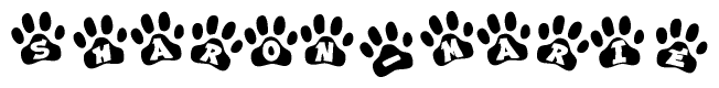 The image shows a series of animal paw prints arranged horizontally. Within each paw print, there's a letter; together they spell Sharon-marie