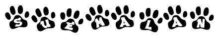 The image shows a series of animal paw prints arranged in a horizontal line. Each paw print contains a letter, and together they spell out the word Suemalan.