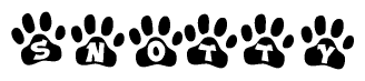 The image shows a row of animal paw prints, each containing a letter. The letters spell out the word Snotty within the paw prints.