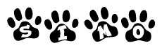 The image shows a row of animal paw prints, each containing a letter. The letters spell out the word Simo within the paw prints.
