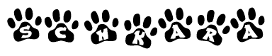 The image shows a series of animal paw prints arranged horizontally. Within each paw print, there's a letter; together they spell Schkara
