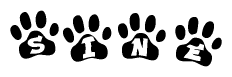 The image shows a row of animal paw prints, each containing a letter. The letters spell out the word Sine within the paw prints.