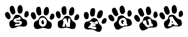 The image shows a series of animal paw prints arranged horizontally. Within each paw print, there's a letter; together they spell Sonequa