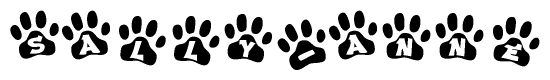 The image shows a series of animal paw prints arranged horizontally. Within each paw print, there's a letter; together they spell Sally-anne