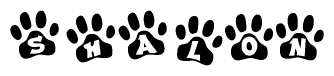 The image shows a series of animal paw prints arranged horizontally. Within each paw print, there's a letter; together they spell Shalon