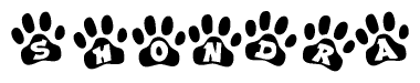 The image shows a series of animal paw prints arranged in a horizontal line. Each paw print contains a letter, and together they spell out the word Shondra.