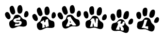 The image shows a series of animal paw prints arranged in a horizontal line. Each paw print contains a letter, and together they spell out the word Shankl.