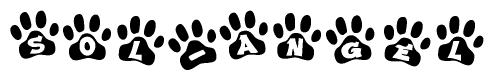 The image shows a row of animal paw prints, each containing a letter. The letters spell out the word Sol-angel within the paw prints.