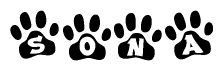 The image shows a series of animal paw prints arranged in a horizontal line. Each paw print contains a letter, and together they spell out the word Sona.