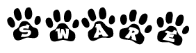 The image shows a series of animal paw prints arranged in a horizontal line. Each paw print contains a letter, and together they spell out the word Sware.