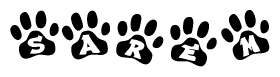 The image shows a series of animal paw prints arranged in a horizontal line. Each paw print contains a letter, and together they spell out the word Sarem.