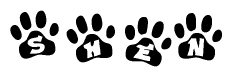 The image shows a row of animal paw prints, each containing a letter. The letters spell out the word Shen within the paw prints.