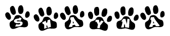 The image shows a series of animal paw prints arranged in a horizontal line. Each paw print contains a letter, and together they spell out the word Shayna.