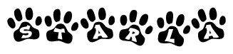 The image shows a series of animal paw prints arranged in a horizontal line. Each paw print contains a letter, and together they spell out the word Starla.