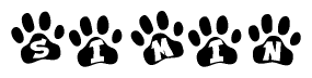 The image shows a series of animal paw prints arranged in a horizontal line. Each paw print contains a letter, and together they spell out the word Simin.