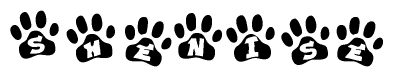 The image shows a series of animal paw prints arranged in a horizontal line. Each paw print contains a letter, and together they spell out the word Shenise.