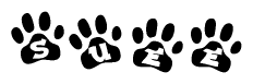 The image shows a row of animal paw prints, each containing a letter. The letters spell out the word Suee within the paw prints.