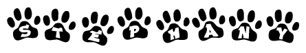 The image shows a row of animal paw prints, each containing a letter. The letters spell out the word Stephany within the paw prints.