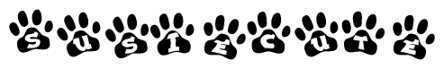 The image shows a row of animal paw prints, each containing a letter. The letters spell out the word Susiecute within the paw prints.