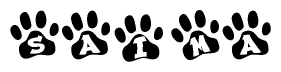 The image shows a row of animal paw prints, each containing a letter. The letters spell out the word Saima within the paw prints.