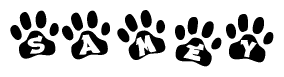 The image shows a row of animal paw prints, each containing a letter. The letters spell out the word Samey within the paw prints.