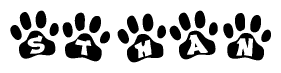 The image shows a row of animal paw prints, each containing a letter. The letters spell out the word Sthan within the paw prints.