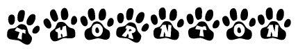 The image shows a row of animal paw prints, each containing a letter. The letters spell out the word Thornton within the paw prints.