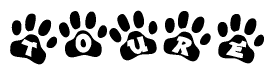 The image shows a row of animal paw prints, each containing a letter. The letters spell out the word Toure within the paw prints.