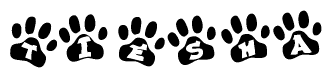 The image shows a series of animal paw prints arranged horizontally. Within each paw print, there's a letter; together they spell Tiesha