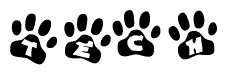The image shows a series of animal paw prints arranged horizontally. Within each paw print, there's a letter; together they spell Tech