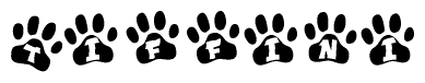 The image shows a series of animal paw prints arranged in a horizontal line. Each paw print contains a letter, and together they spell out the word Tiffini.