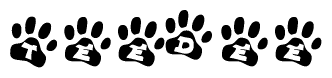 The image shows a row of animal paw prints, each containing a letter. The letters spell out the word Teedee within the paw prints.