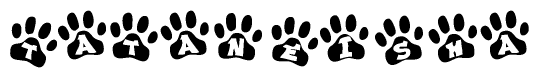 The image shows a series of animal paw prints arranged horizontally. Within each paw print, there's a letter; together they spell Tataneisha