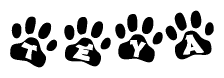 The image shows a series of animal paw prints arranged horizontally. Within each paw print, there's a letter; together they spell Teya
