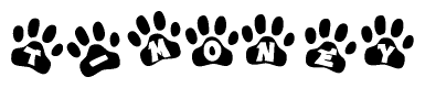 The image shows a series of animal paw prints arranged horizontally. Within each paw print, there's a letter; together they spell T-money