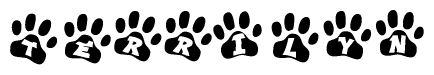 The image shows a series of animal paw prints arranged horizontally. Within each paw print, there's a letter; together they spell Terrilyn