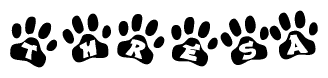 The image shows a series of animal paw prints arranged horizontally. Within each paw print, there's a letter; together they spell Thresa