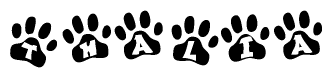 The image shows a series of animal paw prints arranged in a horizontal line. Each paw print contains a letter, and together they spell out the word Thalia.