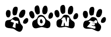 The image shows a series of animal paw prints arranged horizontally. Within each paw print, there's a letter; together they spell Tone