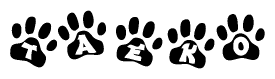 The image shows a series of animal paw prints arranged horizontally. Within each paw print, there's a letter; together they spell Taeko