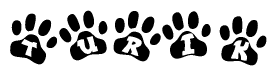 The image shows a series of animal paw prints arranged in a horizontal line. Each paw print contains a letter, and together they spell out the word Turik.