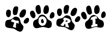 The image shows a row of animal paw prints, each containing a letter. The letters spell out the word Tori within the paw prints.