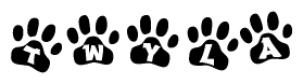 The image shows a series of animal paw prints arranged in a horizontal line. Each paw print contains a letter, and together they spell out the word Twyla.