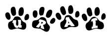 The image shows a row of animal paw prints, each containing a letter. The letters spell out the word Urai within the paw prints.