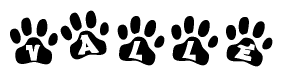 The image shows a series of animal paw prints arranged in a horizontal line. Each paw print contains a letter, and together they spell out the word Valle.