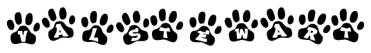 The image shows a series of animal paw prints arranged in a horizontal line. Each paw print contains a letter, and together they spell out the word Valstewart.