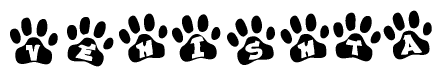 The image shows a series of animal paw prints arranged in a horizontal line. Each paw print contains a letter, and together they spell out the word Vehishta.