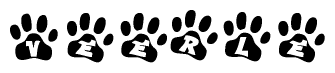The image shows a series of animal paw prints arranged horizontally. Within each paw print, there's a letter; together they spell Veerle