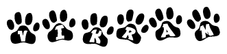 The image shows a series of animal paw prints arranged in a horizontal line. Each paw print contains a letter, and together they spell out the word Vikram.