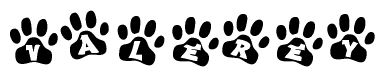 The image shows a series of animal paw prints arranged in a horizontal line. Each paw print contains a letter, and together they spell out the word Valerey.